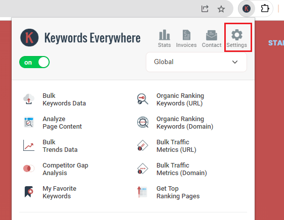 keywords everywhere extension settings