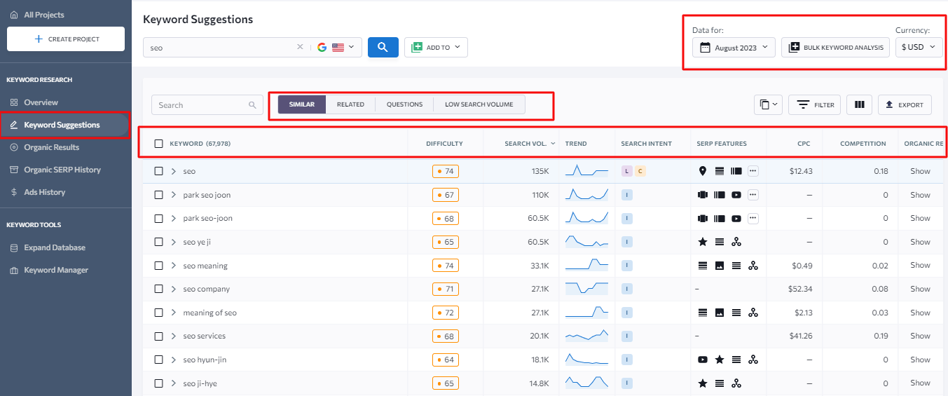 seranking keyword suggestions