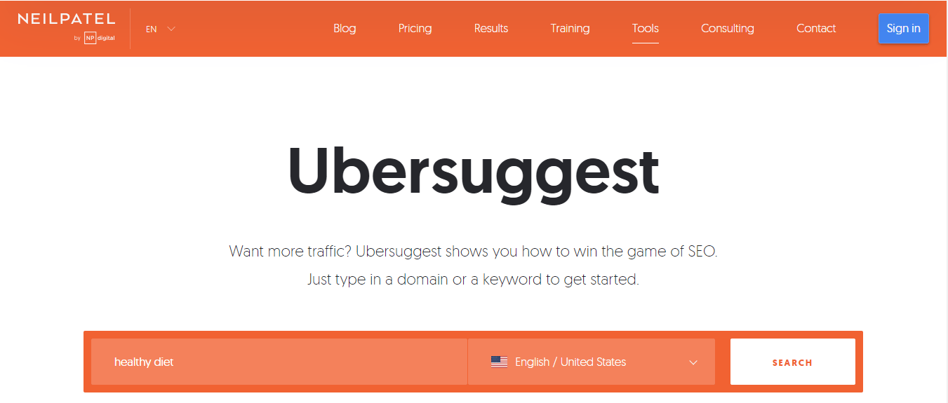 ubersuggest homepage