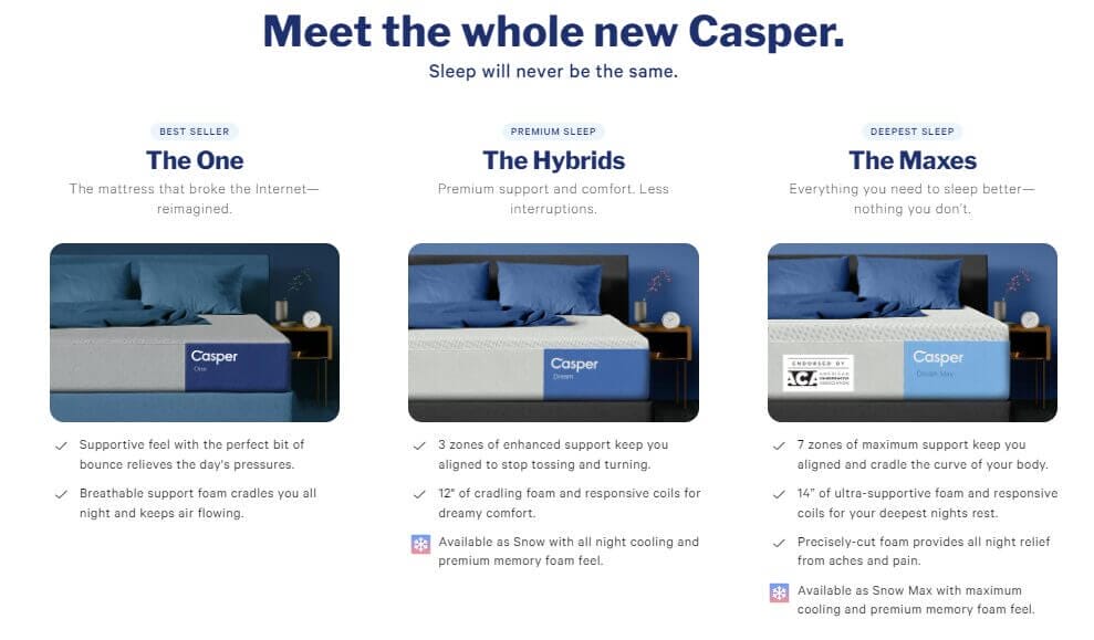 Example of Casper Focusing on Mattress Features